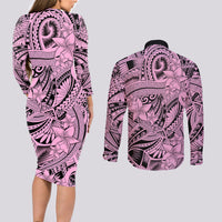 Polynesia Couples Matching Long Sleeve Bodycon Dress and Long Sleeve Button Shirt Tribal Polynesian Spirit With Pink Pacific Flowers LT9 - Polynesian Pride