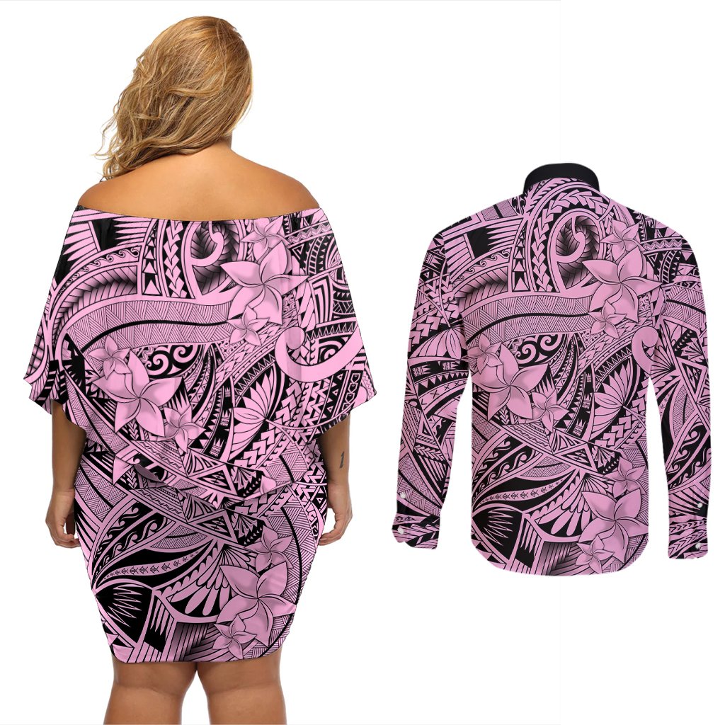 Polynesia Couples Matching Off Shoulder Short Dress and Long Sleeve Button Shirt Tribal Polynesian Spirit With Pink Pacific Flowers LT9 - Polynesian Pride