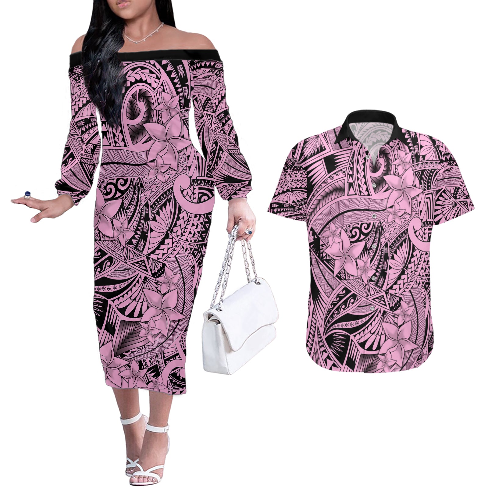Polynesia Couples Matching Off The Shoulder Long Sleeve Dress and Hawaiian Shirt Tribal Polynesian Spirit With Pink Pacific Flowers LT9 Pink - Polynesian Pride