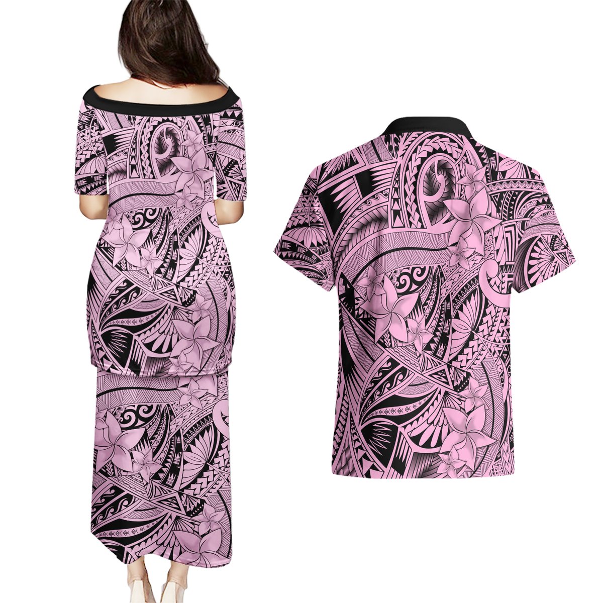 Polynesia Couples Matching Puletasi Dress and Hawaiian Shirt Tribal Polynesian Spirit With Pink Pacific Flowers LT9 - Polynesian Pride
