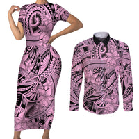 Polynesia Couples Matching Short Sleeve Bodycon Dress and Long Sleeve Button Shirt Tribal Polynesian Spirit With Pink Pacific Flowers LT9 Pink - Polynesian Pride