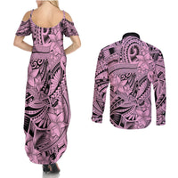Polynesia Couples Matching Summer Maxi Dress and Long Sleeve Button Shirt Tribal Polynesian Spirit With Pink Pacific Flowers LT9 - Polynesian Pride