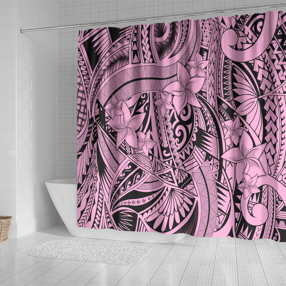 Polynesia Shower Curtain Tribal Polynesian Spirit With Pink Pacific Flowers LT9 - Polynesian Pride