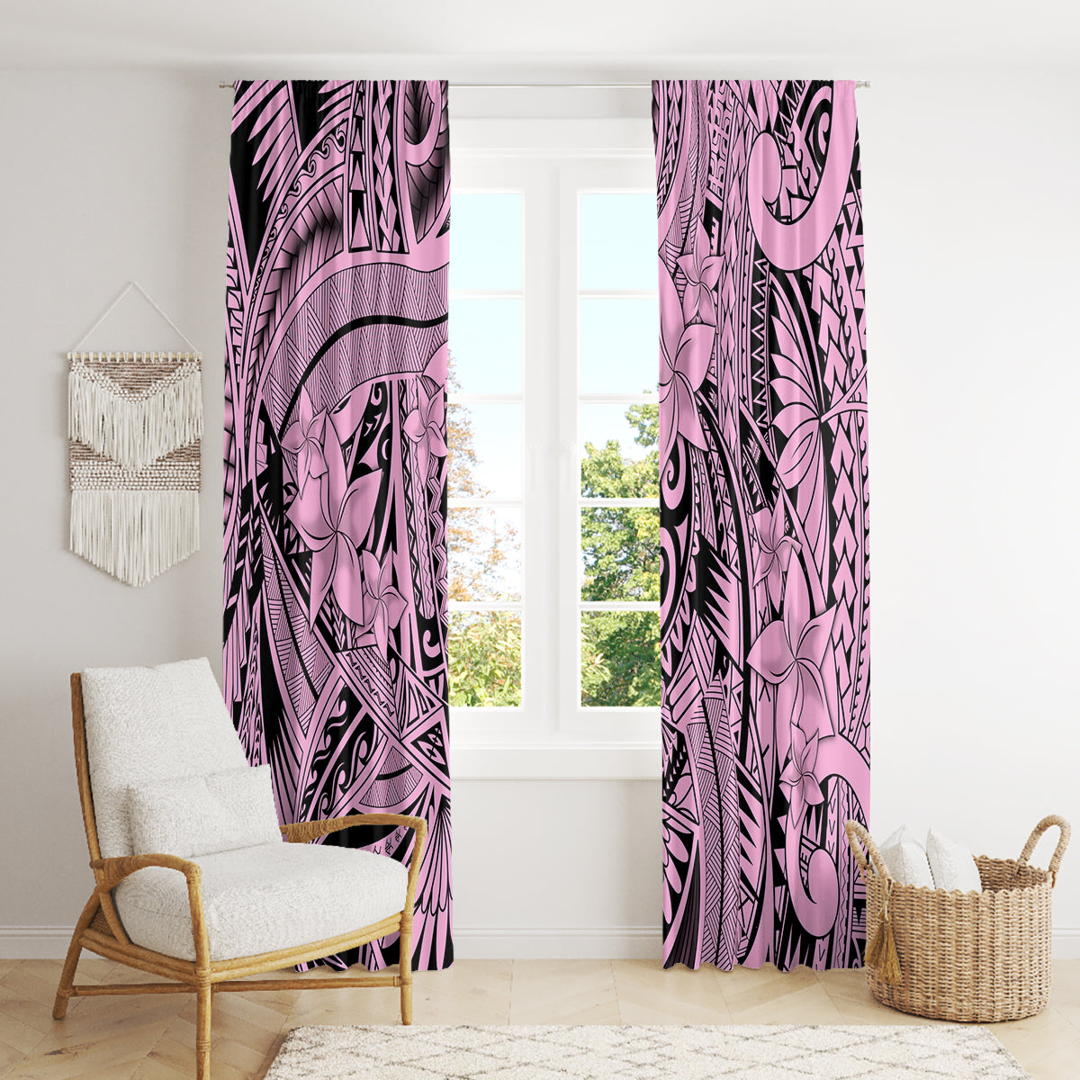 Polynesia Window Curtain Tribal Polynesian Spirit With Pink Pacific Flowers LT9 - Polynesian Pride