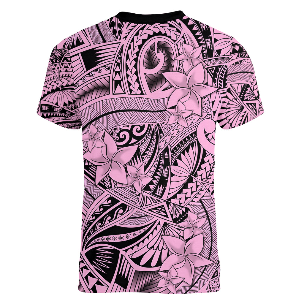 Polynesia Women V Neck T Shirt Tribal Polynesian Spirit With Pink Pacific Flowers LT9 - Polynesian Pride