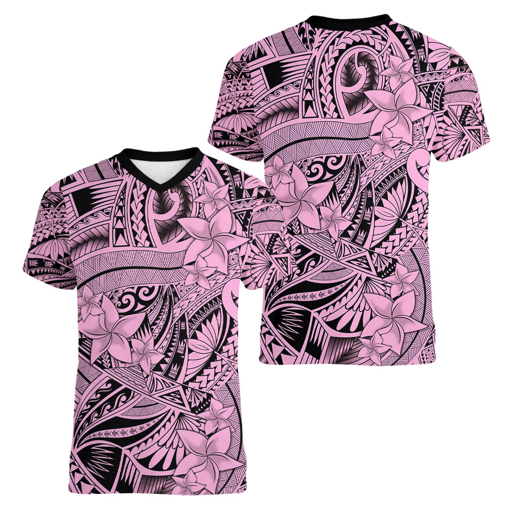Polynesia Women V Neck T Shirt Tribal Polynesian Spirit With Pink Pacific Flowers LT9 - Polynesian Pride
