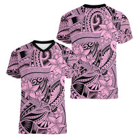 Polynesia Women V Neck T Shirt Tribal Polynesian Spirit With Pink Pacific Flowers LT9 - Polynesian Pride