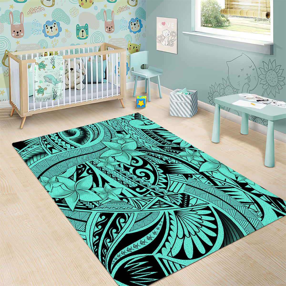 Polynesia Area Rug Tribal Polynesian Spirit With Teal Pacific Flowers LT9 - Polynesian Pride