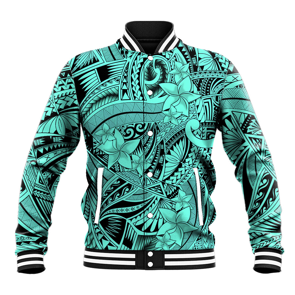 Polynesia Baseball Jacket Tribal Polynesian Spirit With Teal Pacific Flowers LT9 Unisex Teal - Polynesian Pride