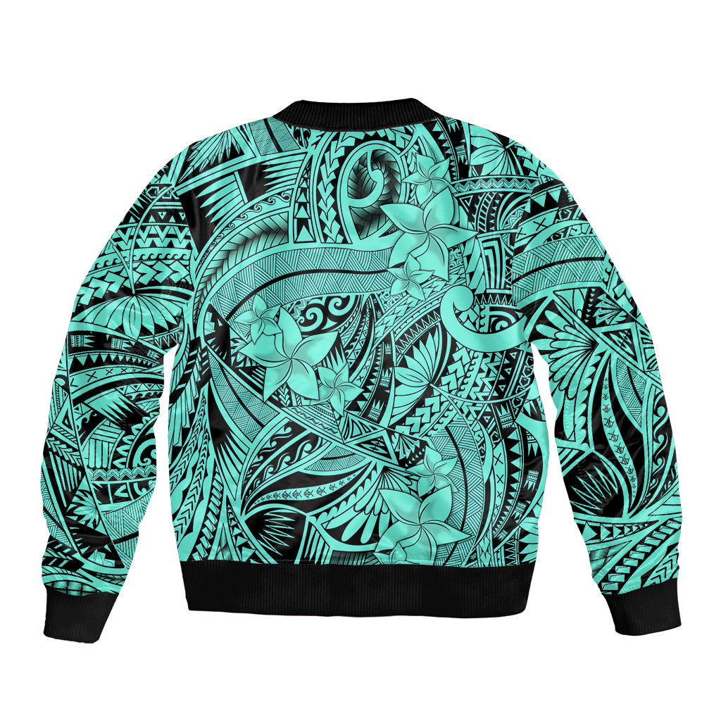 Polynesia Bomber Jacket Tribal Polynesian Spirit With Teal Pacific Flowers LT9 - Polynesian Pride