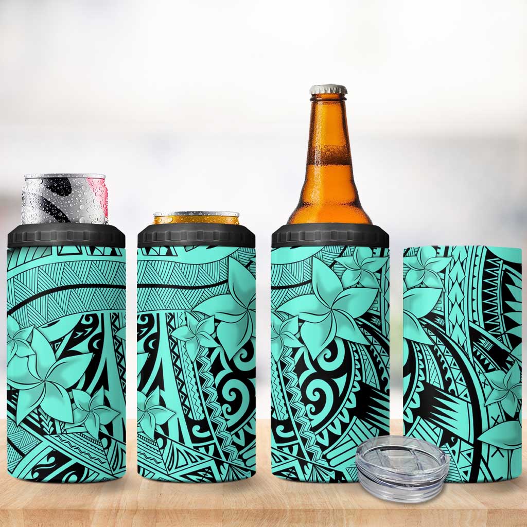 Teal Pacific Flowers Tribal Polynesian Spirit 4 in 1 Can Cooler Tumbler