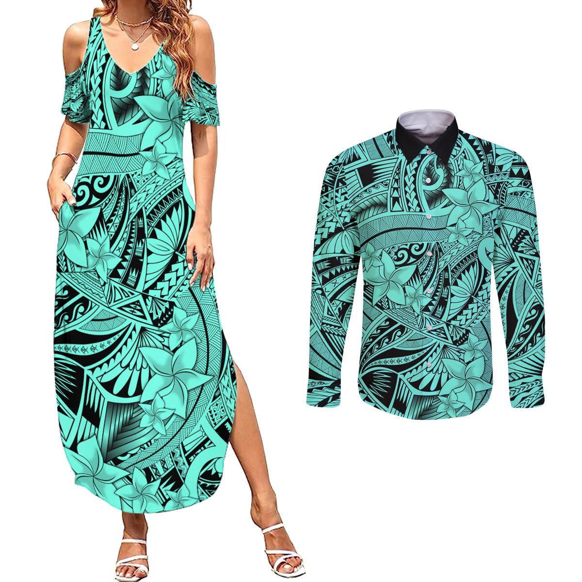 Polynesia Couples Matching Summer Maxi Dress and Long Sleeve Button Shirt Tribal Polynesian Spirit With Teal Pacific Flowers LT9 Teal - Polynesian Pride
