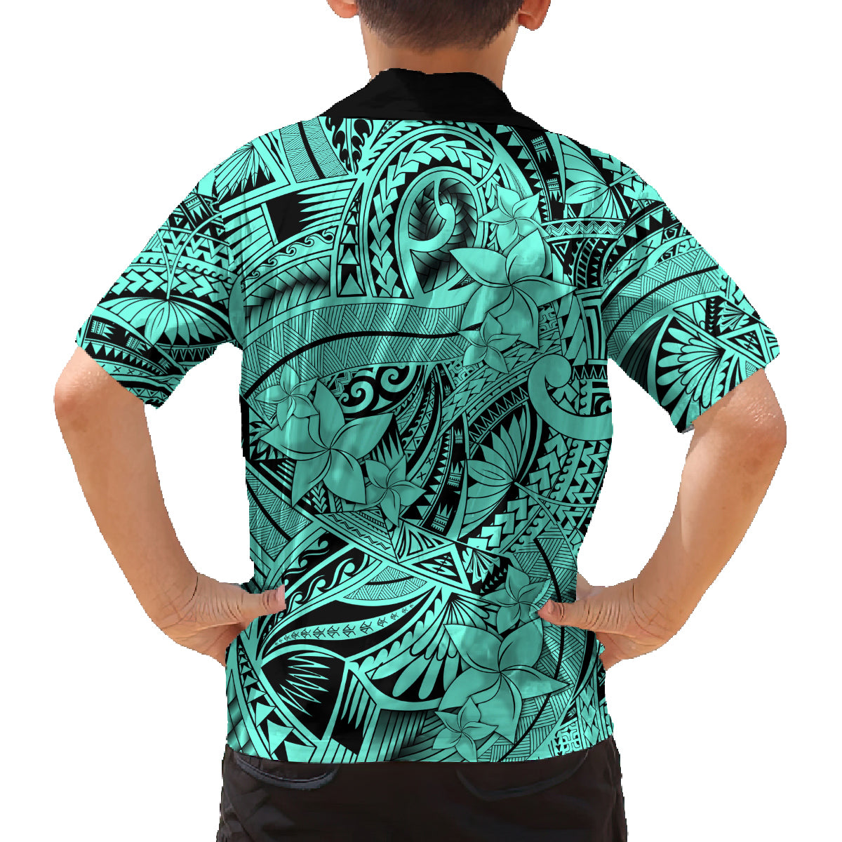 Polynesia Family Matching Off Shoulder Short Dress and Hawaiian Shirt Tribal Polynesian Spirit With Teal Pacific Flowers LT9 - Polynesian Pride