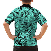 Polynesia Family Matching Puletasi Dress and Hawaiian Shirt Tribal Polynesian Spirit With Teal Pacific Flowers LT9 - Polynesian Pride