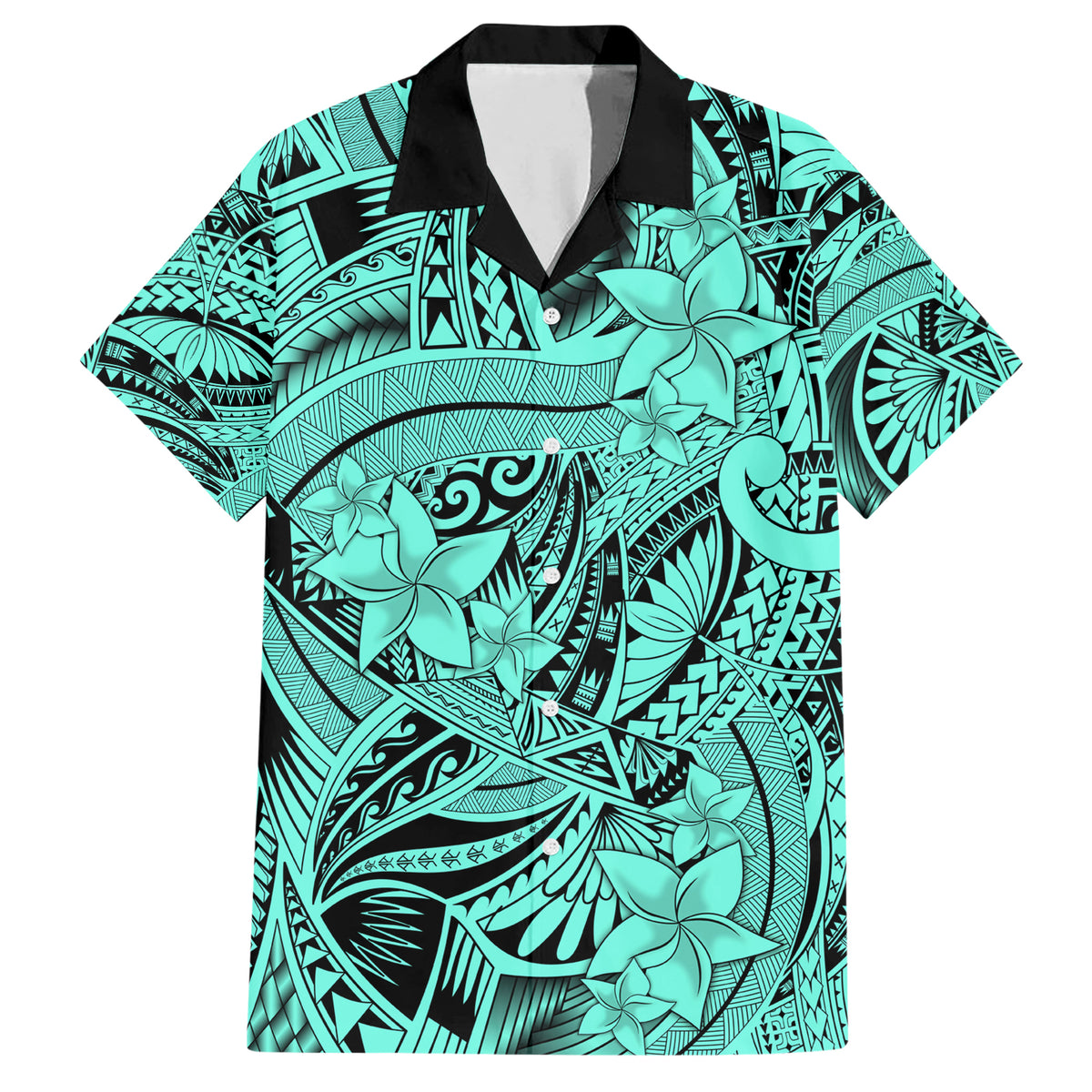 Polynesia Family Matching Short Sleeve Bodycon Dress and Hawaiian Shirt Tribal Polynesian Spirit With Teal Pacific Flowers LT9 Dad's Shirt - Short Sleeve Teal - Polynesian Pride