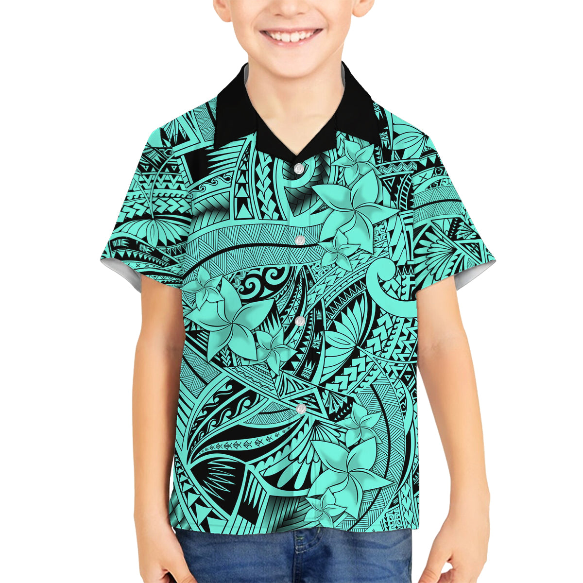 Polynesia Family Matching Tank Maxi Dress and Hawaiian Shirt Tribal Polynesian Spirit With Teal Pacific Flowers LT9 Son's Shirt Teal - Polynesian Pride