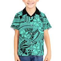 Polynesia Family Matching Tank Maxi Dress and Hawaiian Shirt Tribal Polynesian Spirit With Teal Pacific Flowers LT9 Son's Shirt Teal - Polynesian Pride