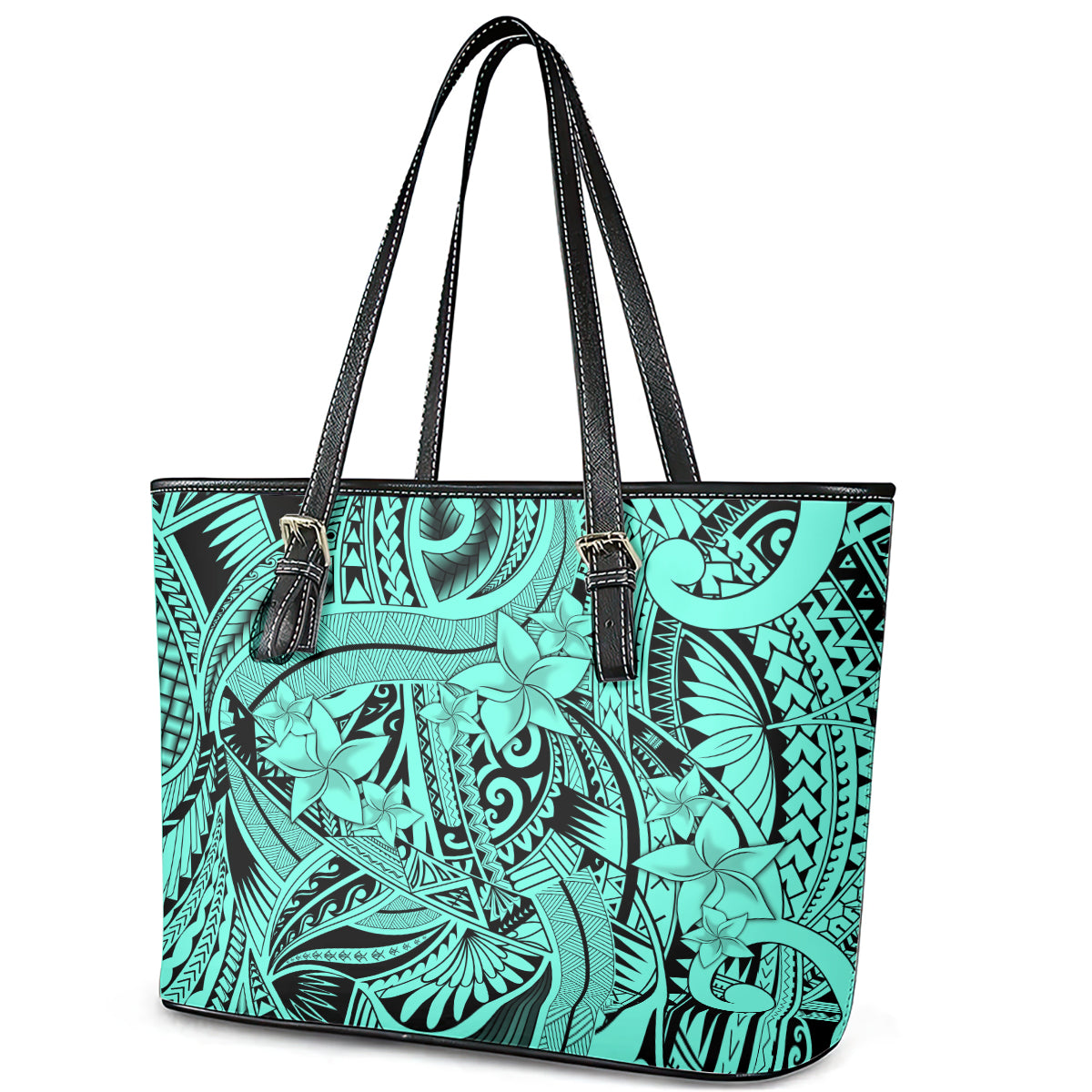 Polynesia Leather Tote Bag Tribal Polynesian Spirit With Teal Pacific Flowers LT9 - Polynesian Pride