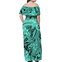 Polynesia Off Shoulder Maxi Dress Tribal Polynesian Spirit With Teal Pacific Flowers LT9 - Polynesian Pride