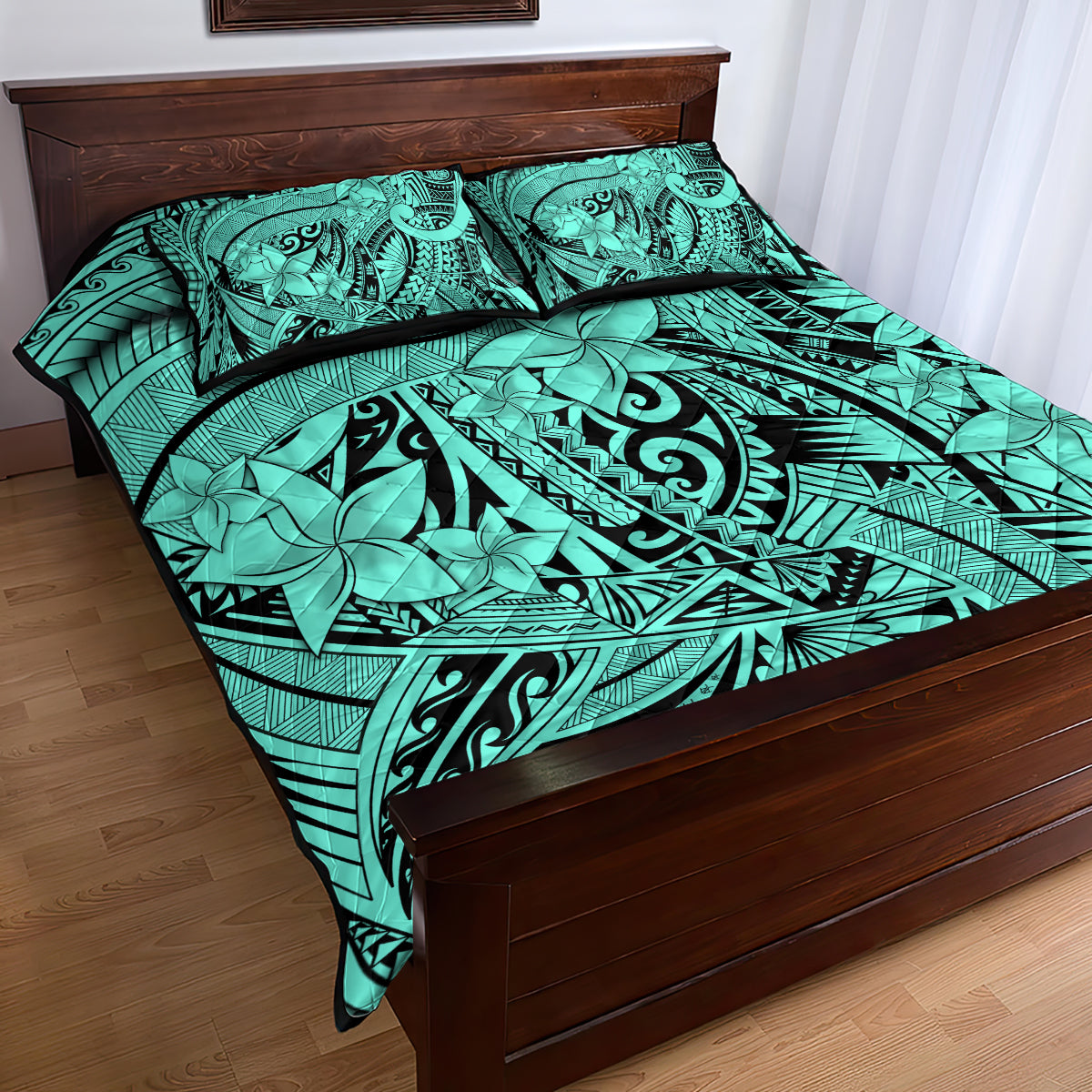 Polynesia Quilt Bed Set Tribal Polynesian Spirit With Teal Pacific Flowers LT9 - Polynesian Pride