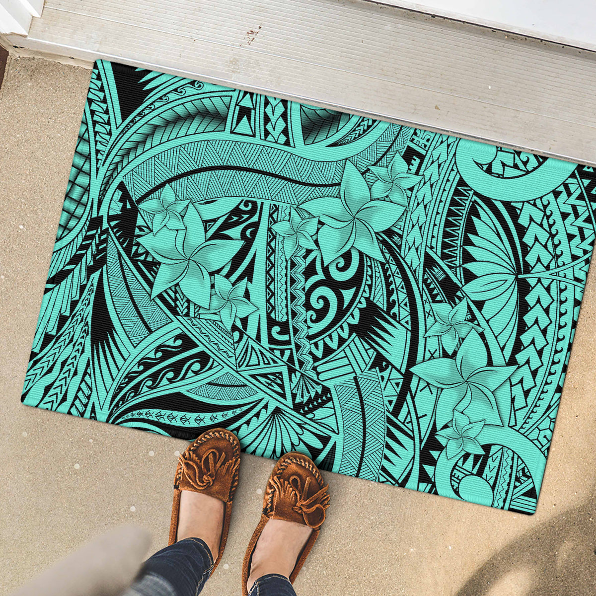 Polynesia Rubber Doormat Tribal Polynesian Spirit With Teal Pacific Flowers LT9 - Polynesian Pride