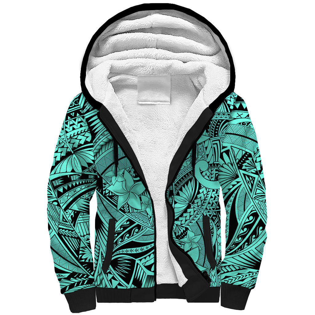 Polynesia Sherpa Hoodie Tribal Polynesian Spirit With Teal Pacific Flowers LT9 Unisex Teal - Polynesian Pride