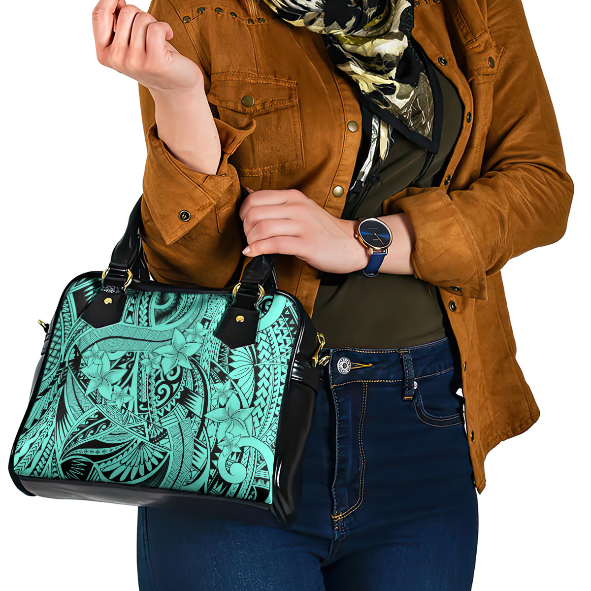 Polynesia Shoulder Handbag Tribal Polynesian Spirit With Teal Pacific Flowers LT9 - Polynesian Pride