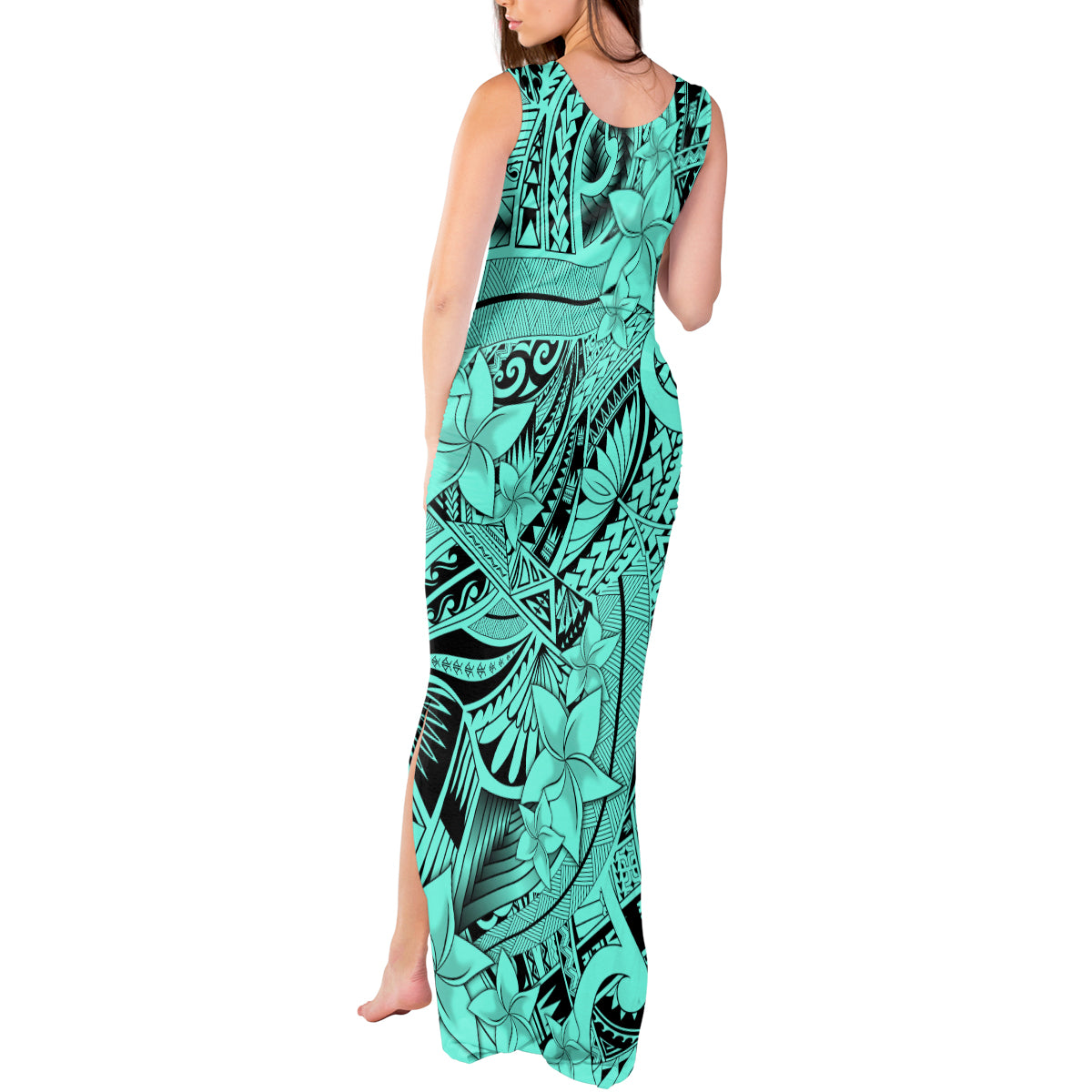 Polynesia Tank Maxi Dress Tribal Polynesian Spirit With Teal Pacific Flowers LT9 - Polynesian Pride