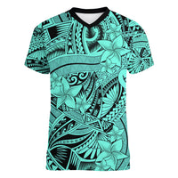 Polynesia Women V Neck T Shirt Tribal Polynesian Spirit With Teal Pacific Flowers LT9 Female Teal - Polynesian Pride