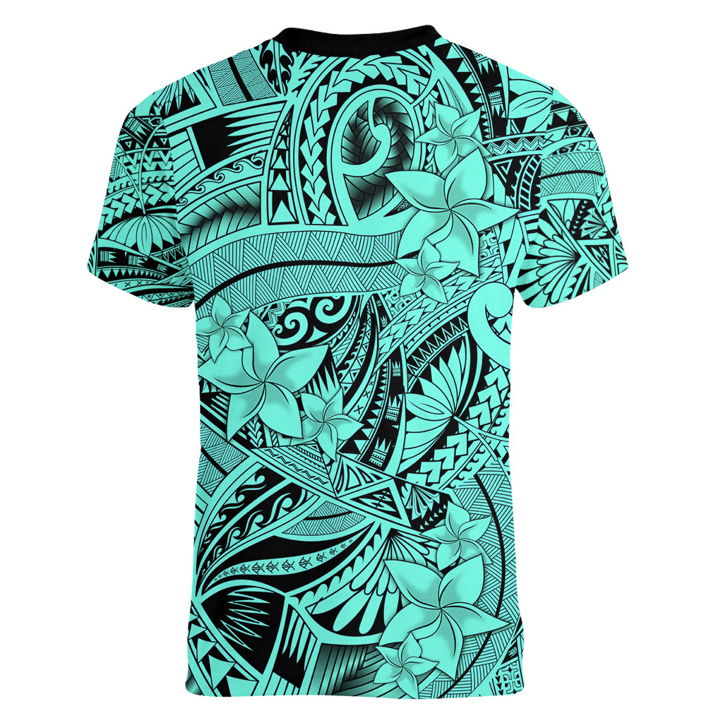 Polynesia Women V Neck T Shirt Tribal Polynesian Spirit With Teal Pacific Flowers LT9 - Polynesian Pride
