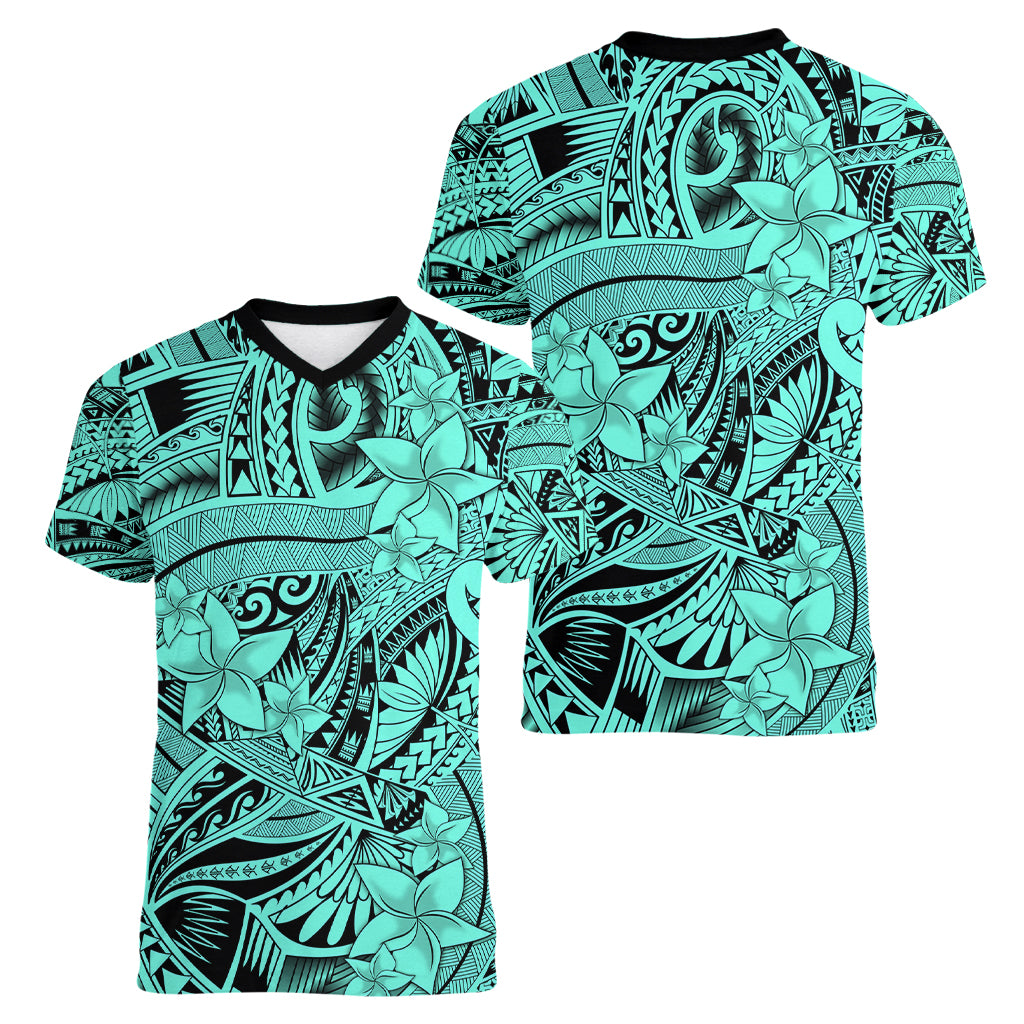 Polynesia Women V Neck T Shirt Tribal Polynesian Spirit With Teal Pacific Flowers LT9 - Polynesian Pride