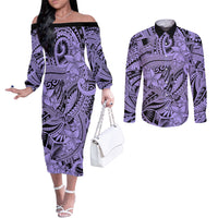 Polynesia Couples Matching Off The Shoulder Long Sleeve Dress and Long Sleeve Button Shirt Tribal Polynesian Spirit With Violet Pacific Flowers LT9 Violet - Polynesian Pride