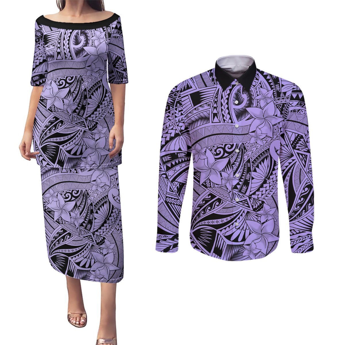 Polynesia Couples Matching Puletasi Dress and Long Sleeve Button Shirt Tribal Polynesian Spirit With Violet Pacific Flowers LT9 Violet - Polynesian Pride