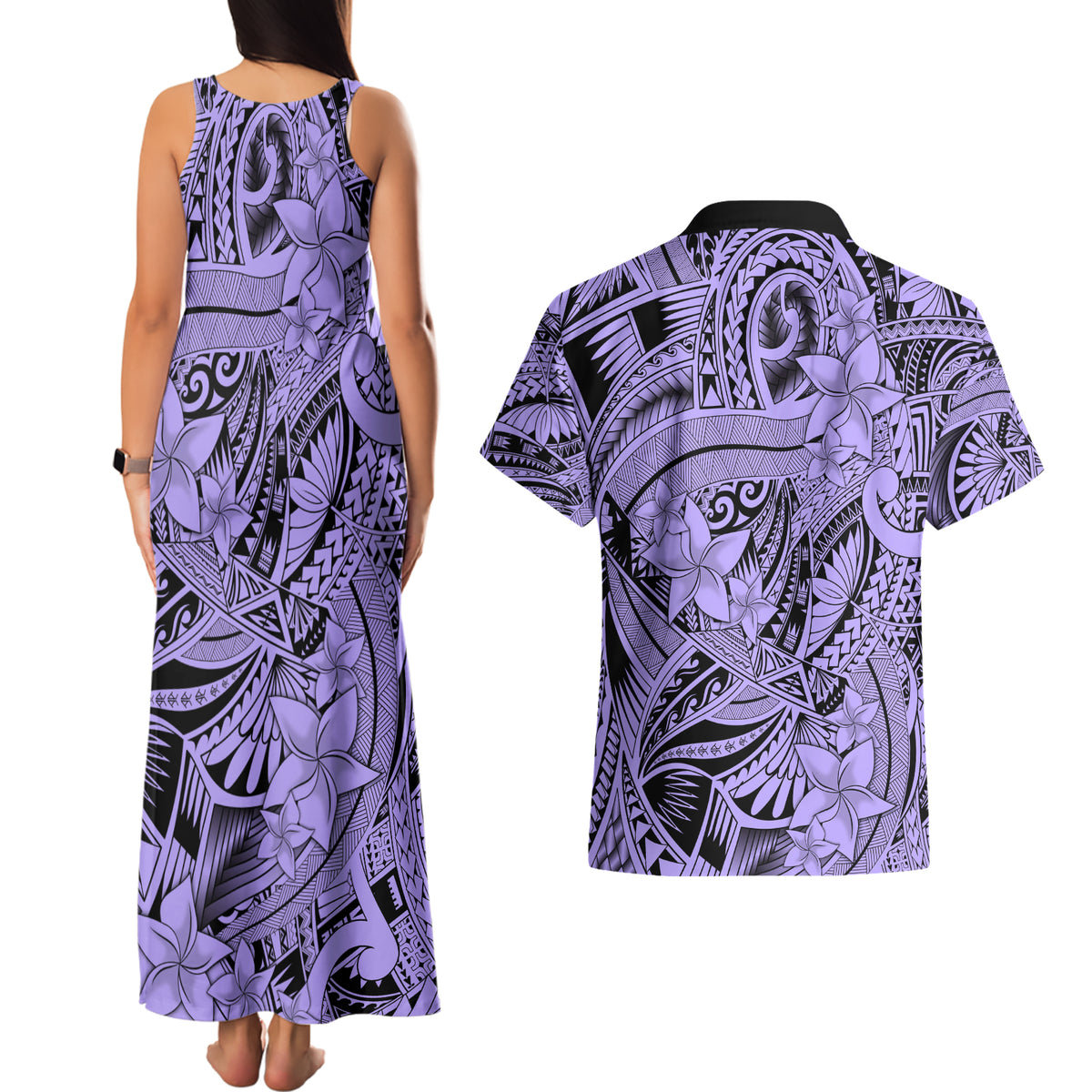Polynesia Couples Matching Tank Maxi Dress and Hawaiian Shirt Tribal Polynesian Spirit With Violet Pacific Flowers LT9 - Polynesian Pride