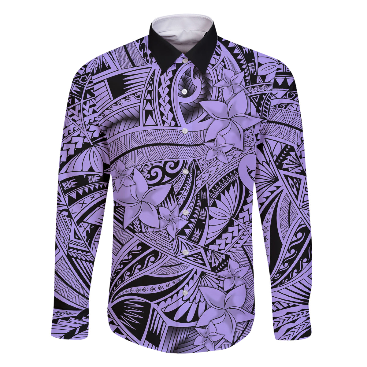 Polynesia Family Matching Off Shoulder Maxi Dress and Hawaiian Shirt Tribal Polynesian Spirit With Violet Pacific Flowers LT9 Dad's Shirt - Long Sleeve Violet - Polynesian Pride