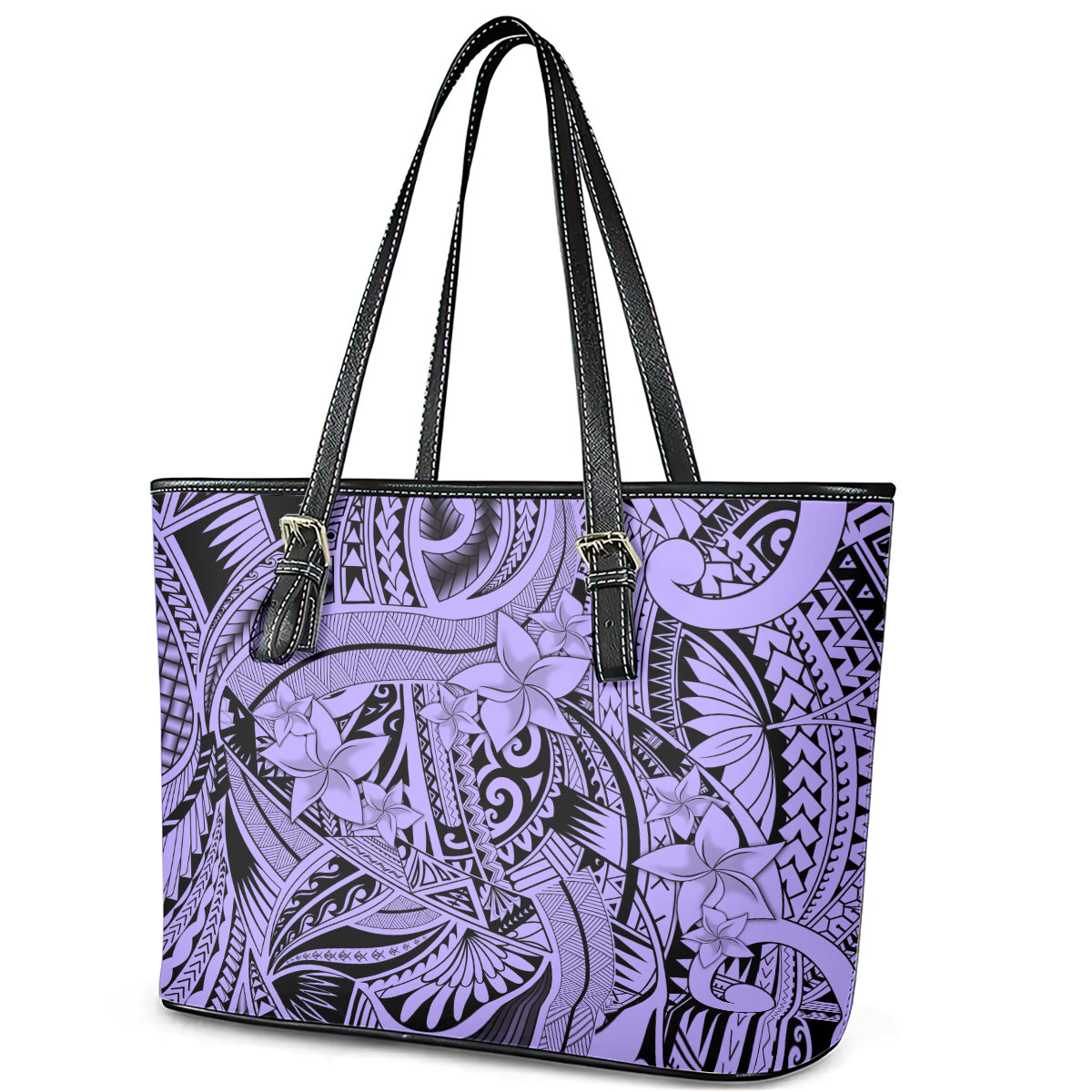 Polynesia Leather Tote Bag Tribal Polynesian Spirit With Violet Pacific Flowers LT9 - Polynesian Pride