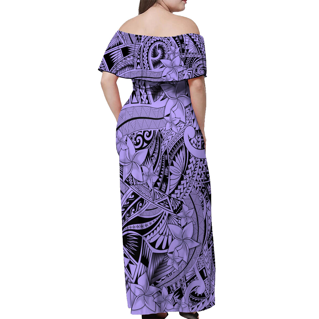 Polynesia Off Shoulder Maxi Dress Tribal Polynesian Spirit With Violet Pacific Flowers LT9 - Polynesian Pride