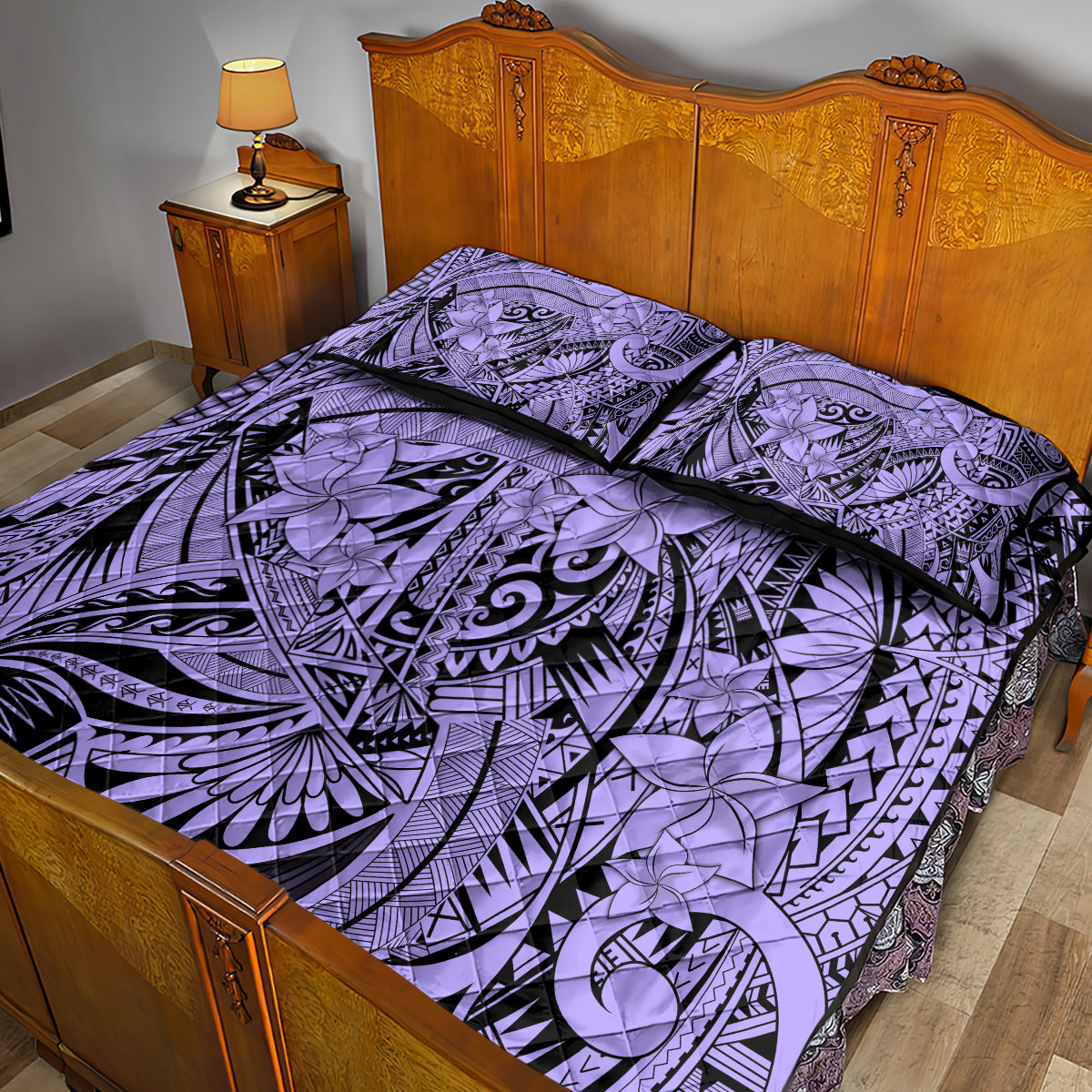 Polynesia Quilt Bed Set Tribal Polynesian Spirit With Violet Pacific Flowers LT9 - Polynesian Pride