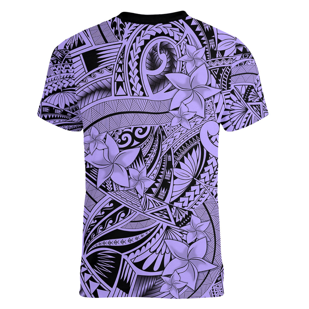 Polynesia Women V Neck T Shirt Tribal Polynesian Spirit With Violet Pacific Flowers LT9 - Polynesian Pride