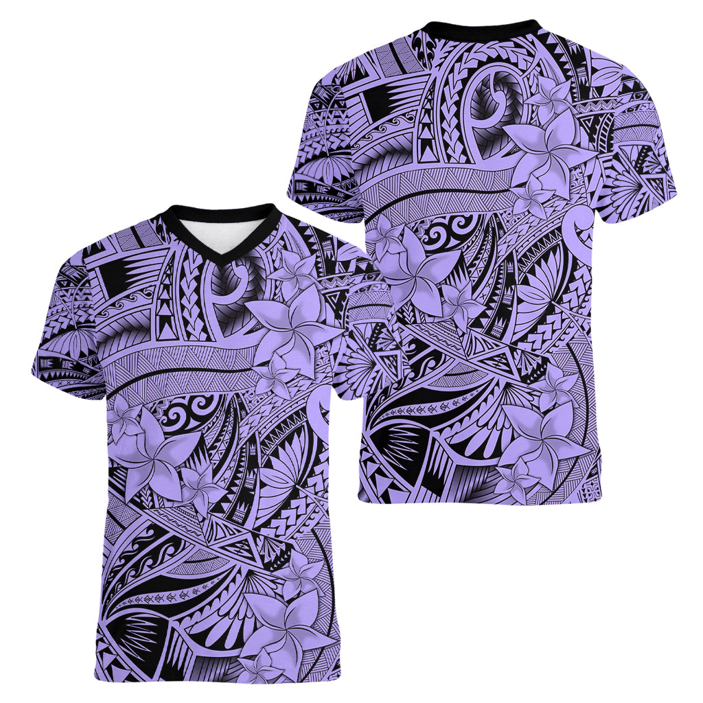 Polynesia Women V Neck T Shirt Tribal Polynesian Spirit With Violet Pacific Flowers LT9 - Polynesian Pride