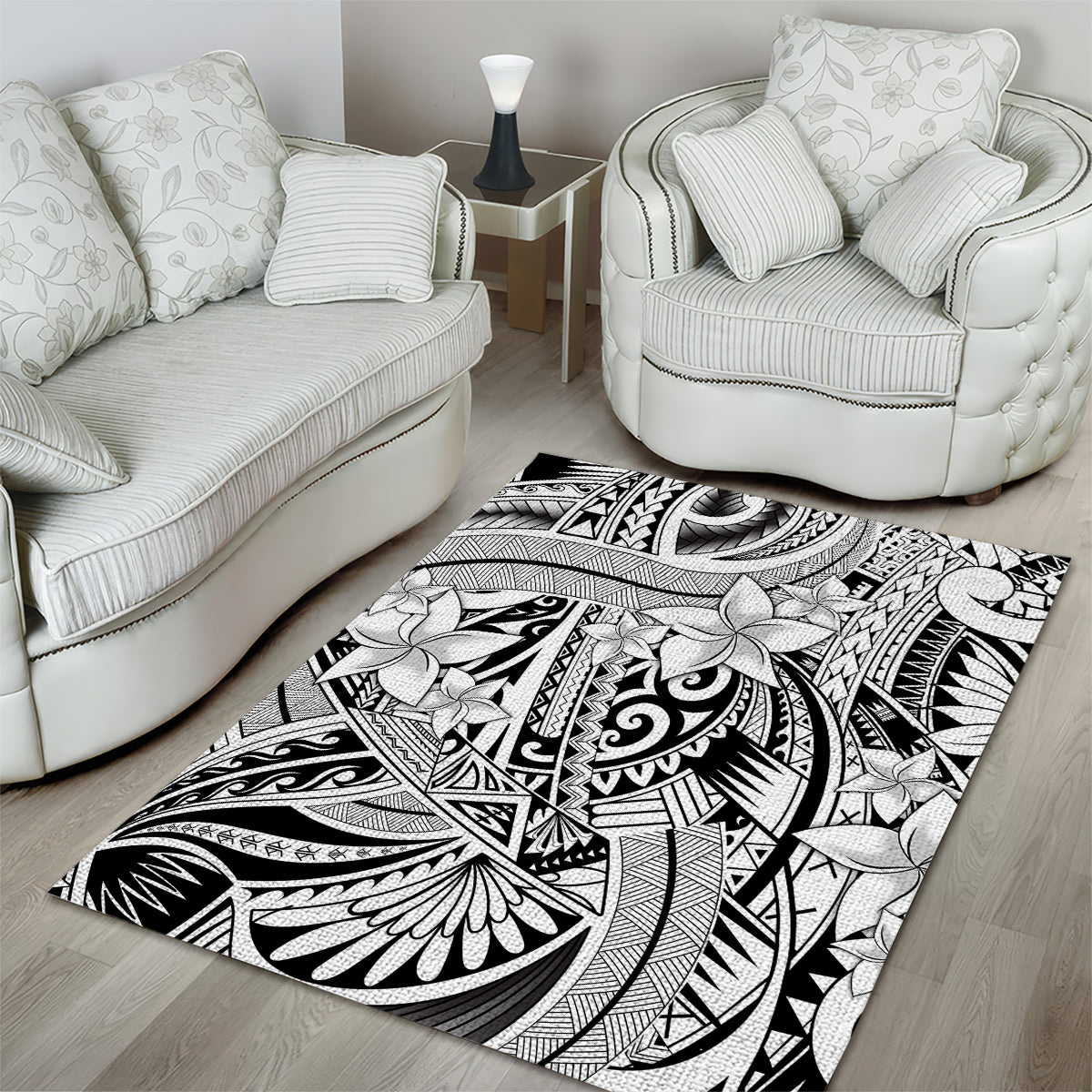 Polynesia Area Rug Tribal Polynesian Spirit With White Pacific Flowers LT9 - Polynesian Pride