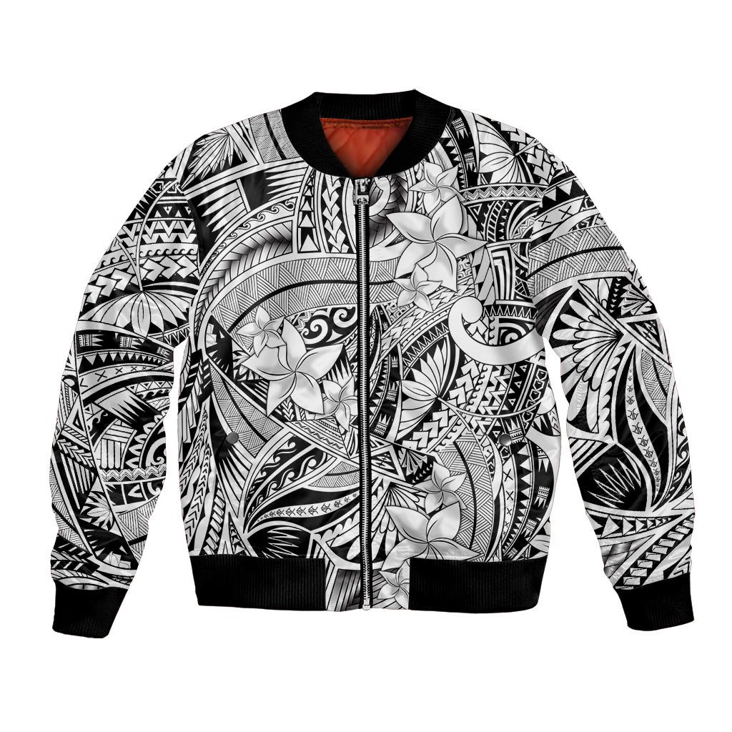 Polynesia Bomber Jacket Tribal Polynesian Spirit With White Pacific Flowers LT9 Unisex White - Polynesian Pride