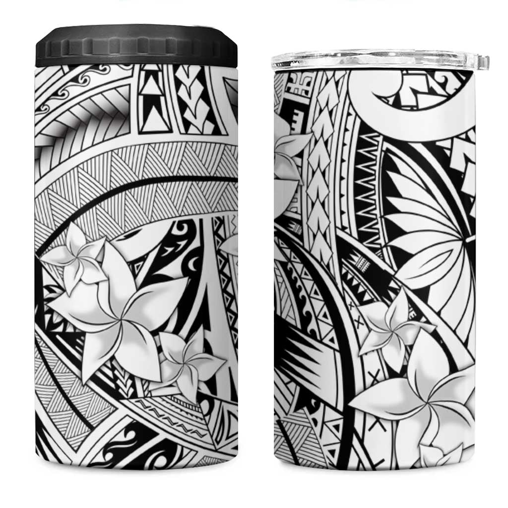 White Pacific Flowers Tribal Polynesian Spirit 4 in 1 Can Cooler Tumbler