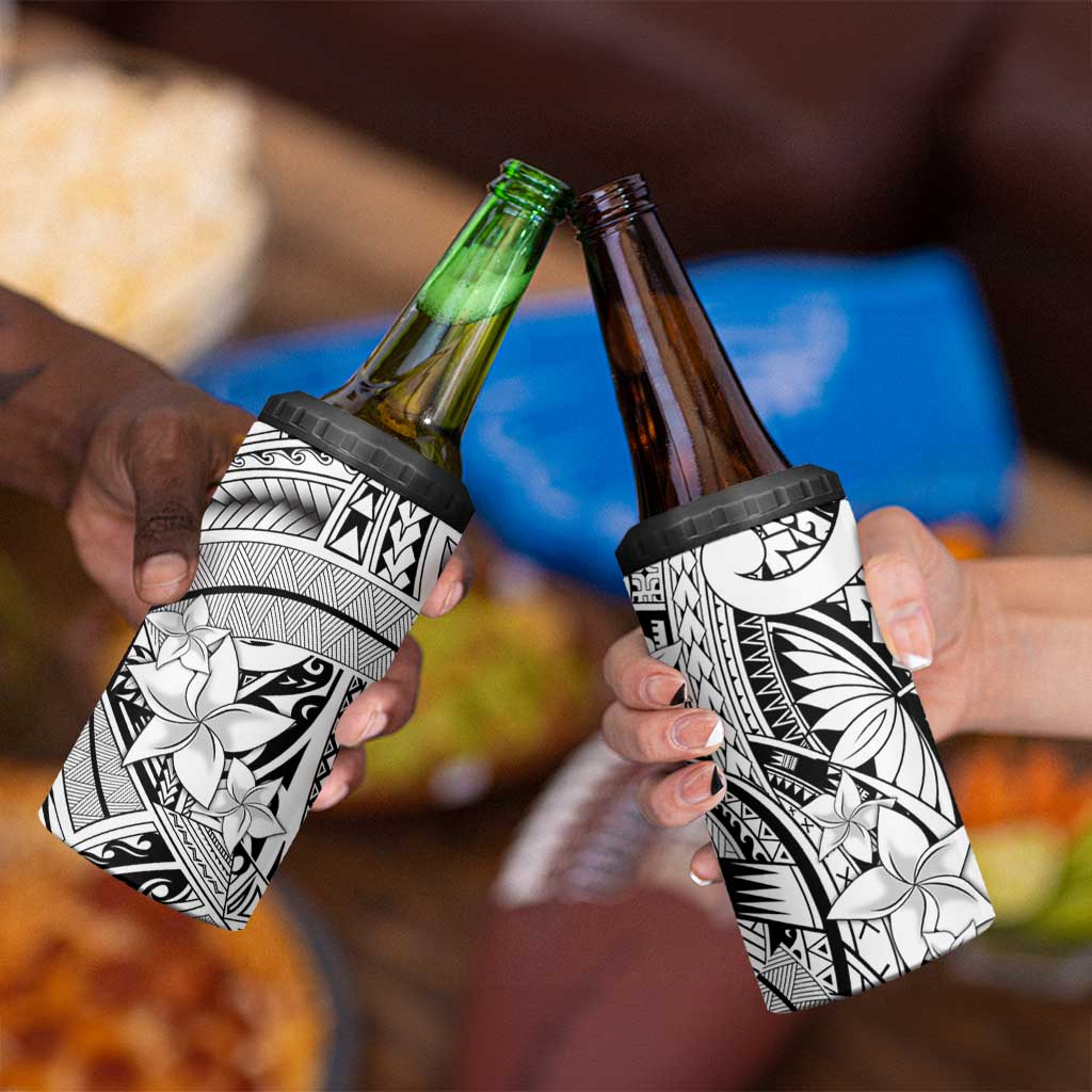 White Pacific Flowers Tribal Polynesian Spirit 4 in 1 Can Cooler Tumbler