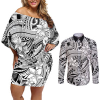Polynesia Couples Matching Off Shoulder Short Dress and Long Sleeve Button Shirt Tribal Polynesian Spirit With White Pacific Flowers LT9 White - Polynesian Pride