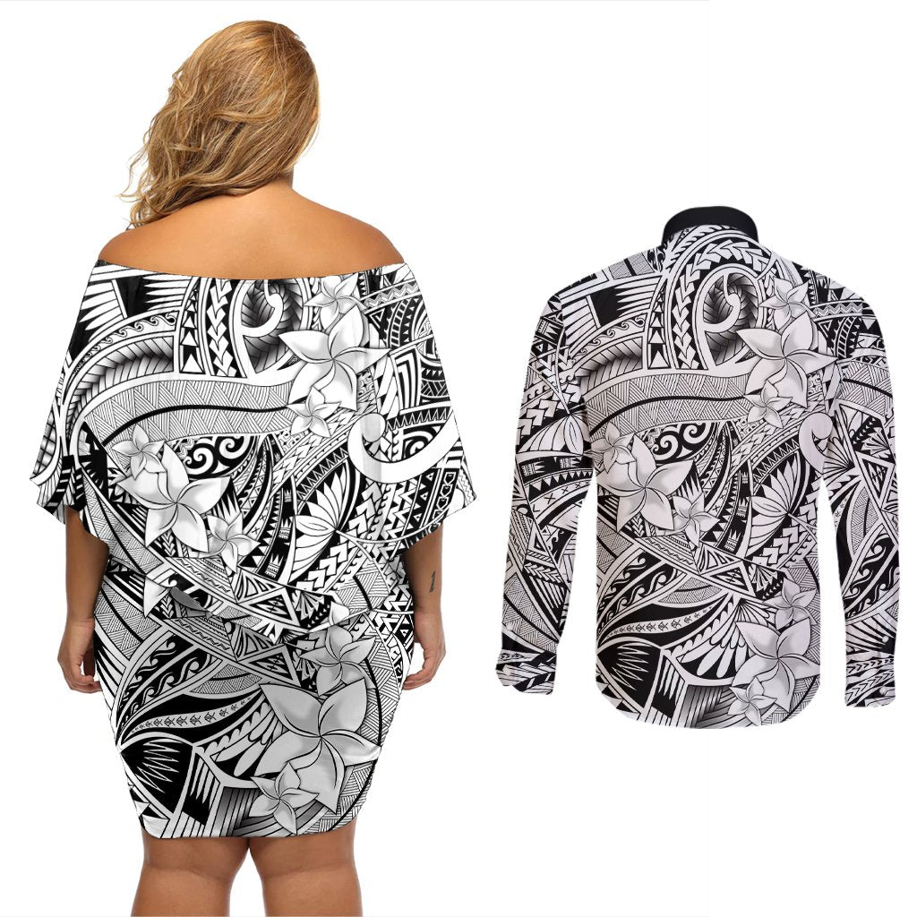 Polynesia Couples Matching Off Shoulder Short Dress and Long Sleeve Button Shirt Tribal Polynesian Spirit With White Pacific Flowers LT9 - Polynesian Pride
