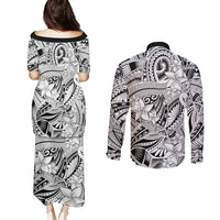 Polynesia Couples Matching Puletasi Dress and Long Sleeve Button Shirt Tribal Polynesian Spirit With White Pacific Flowers LT9 - Polynesian Pride