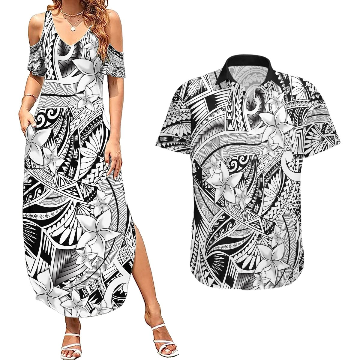Polynesia Couples Matching Summer Maxi Dress and Hawaiian Shirt Tribal Polynesian Spirit With White Pacific Flowers LT9 White - Polynesian Pride