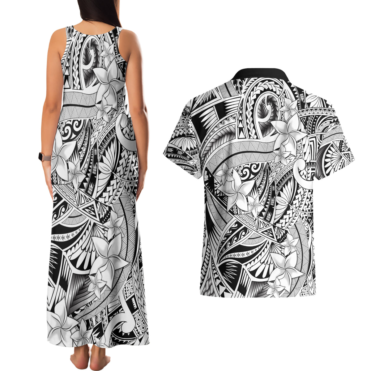 Polynesia Couples Matching Tank Maxi Dress and Hawaiian Shirt Tribal Polynesian Spirit With White Pacific Flowers LT9 - Polynesian Pride