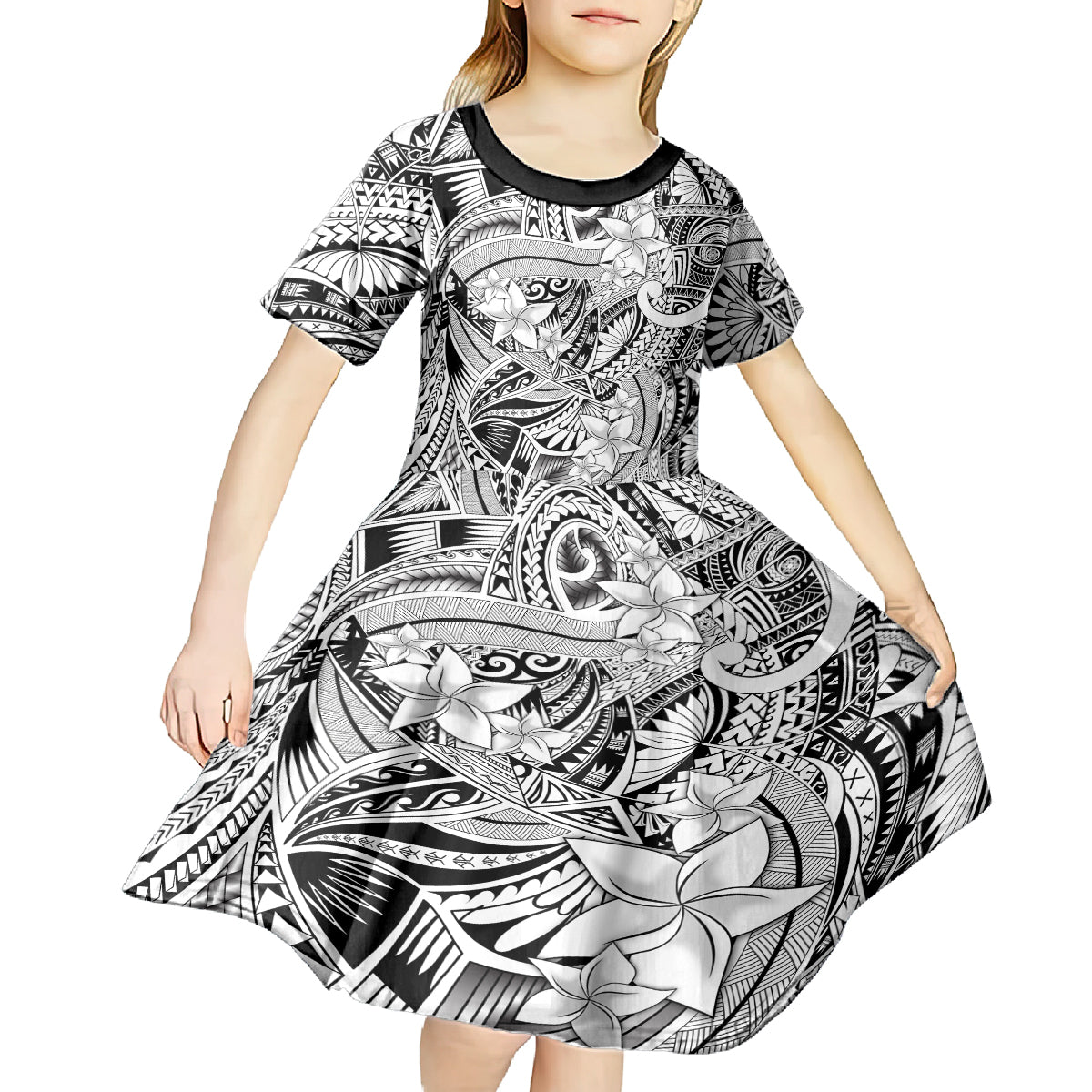 Polynesia Kid Short Sleeve Dress Tribal Polynesian Spirit With White Pacific Flowers LT9 - Polynesian Pride